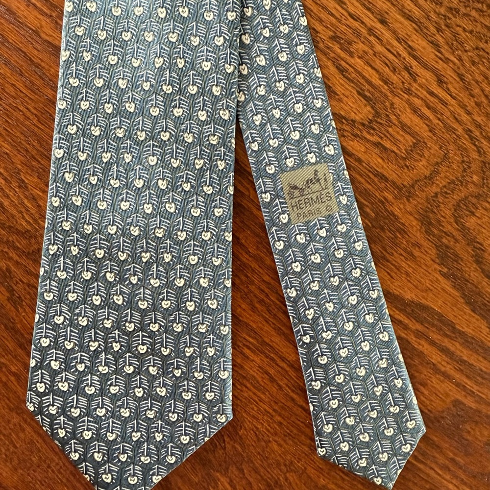 Hermes Blue and White Silk Tie with Geometric Pattern